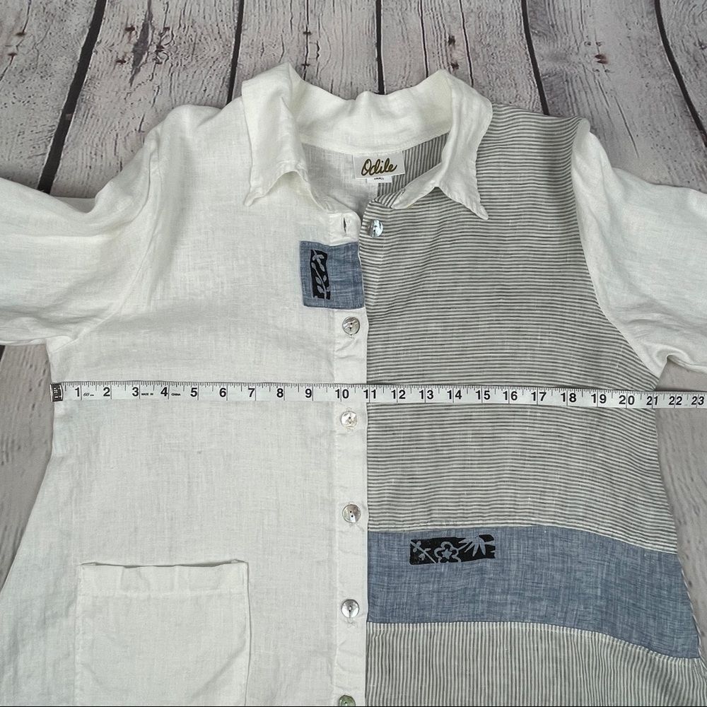 ODILE 100% linen button down white blue contrast shirt top, size S - Picture 11 of 13